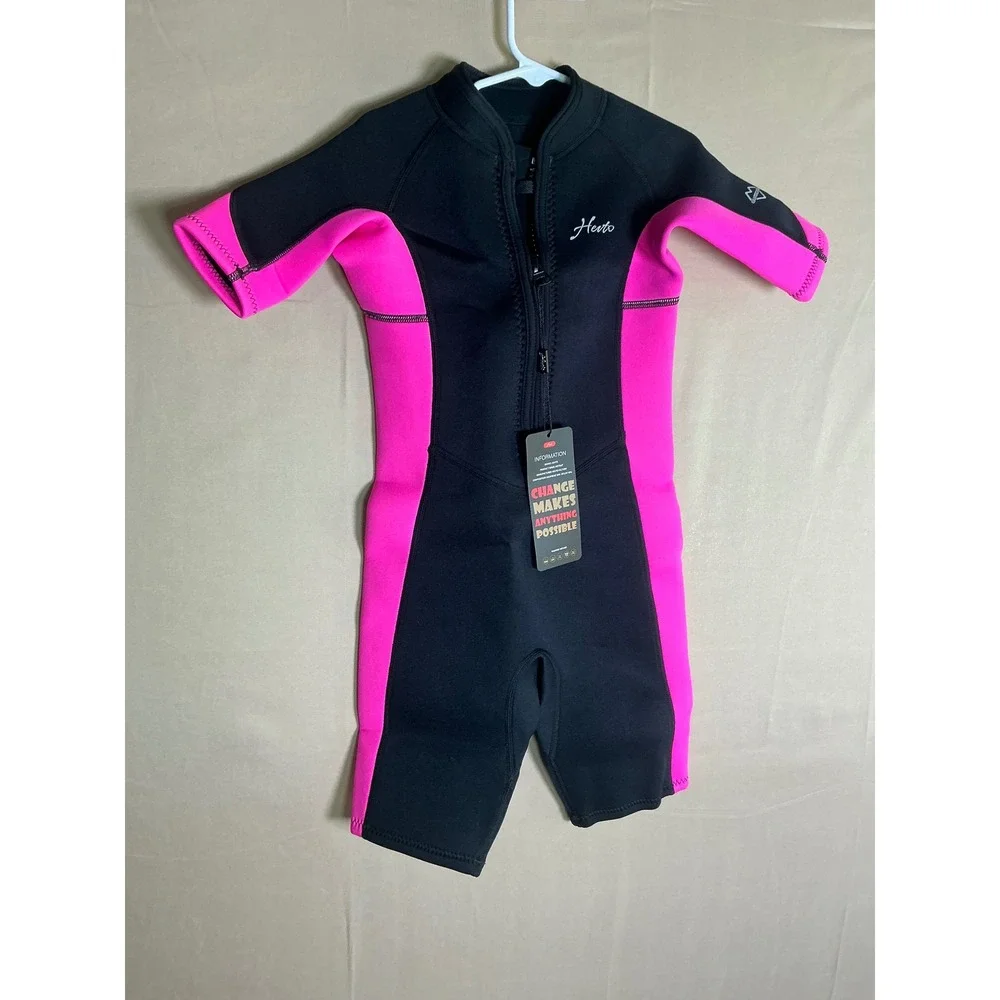 Hevto Kids Wetsuit 6 Shorty Girls Toddler Pink Black Neoprene Front Zip Swimsuit